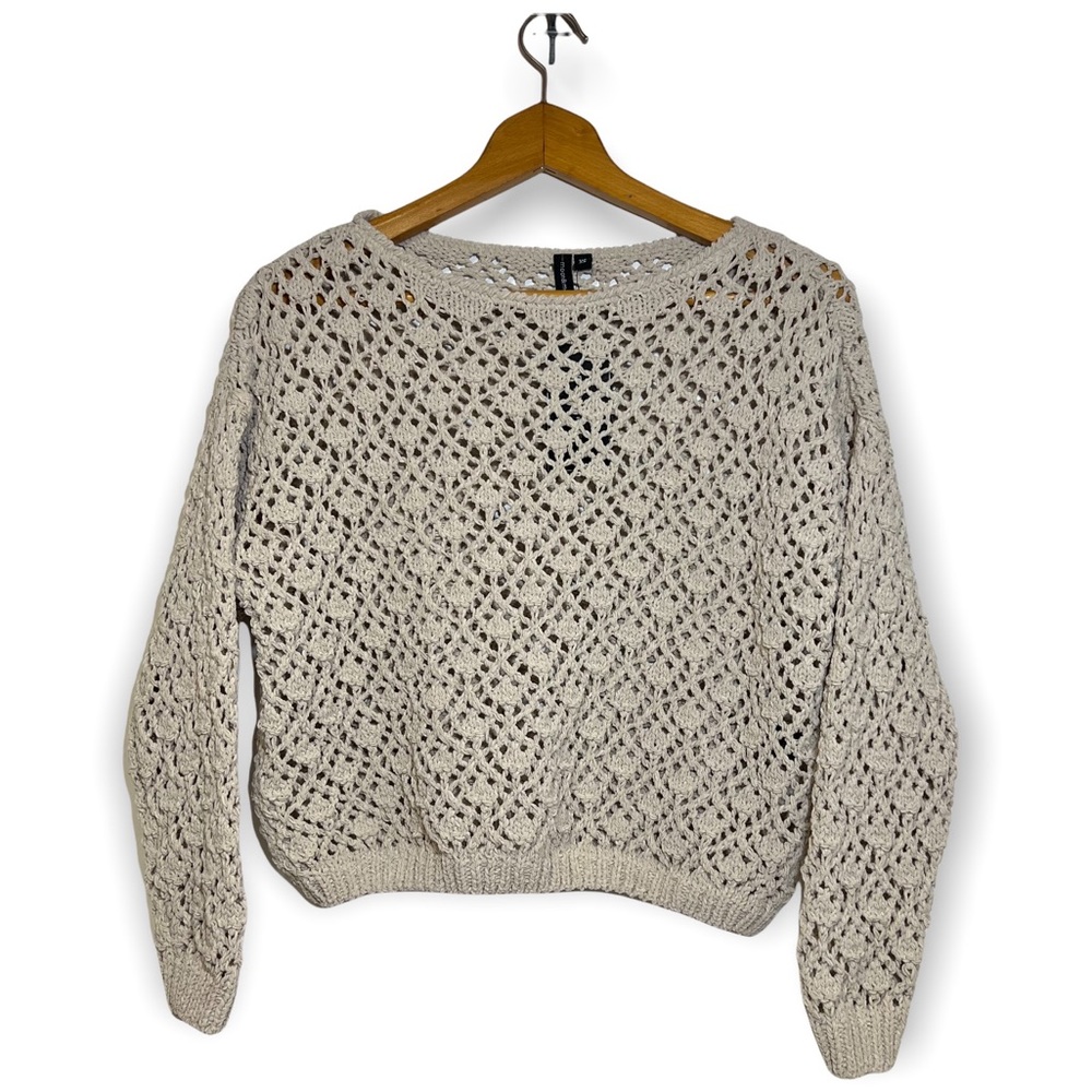 Moon & Madison Chenille Crochet Cropped Sweater Beige New SZ XS